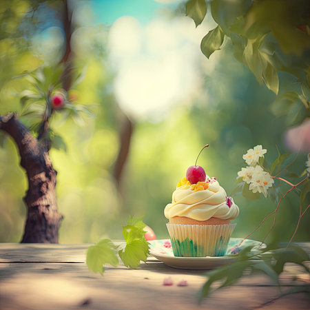 Cupcake with cherry standing on wooden table, light summer background with blurry foliage, Generative AIの素材