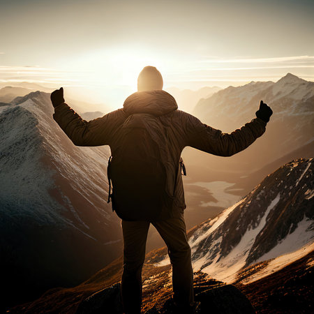 Back view of a man with backpack standing in mountains, Generative AIの素材