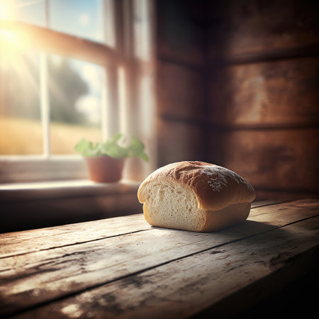 Halved loaf of bread on wooden table near in the window, Generative AIの素材
