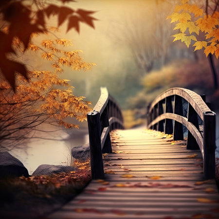 Close-up of wooden bridge in autumn park, Generative AIの素材