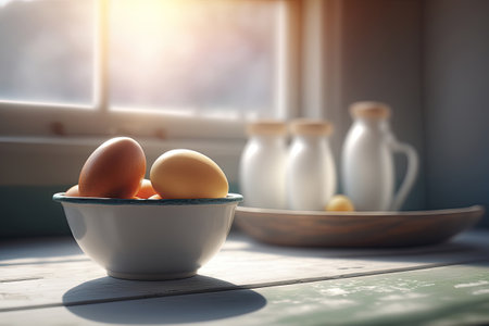 Eggs in a bowl standing on wooden table near the window, Generative AIの素材