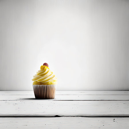 Cupcake standing on the white wooden table, Generative AIの素材