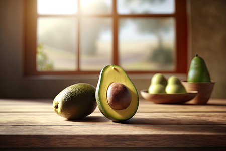 Avocados on wooden table in the kitchen, Generative AIの素材
