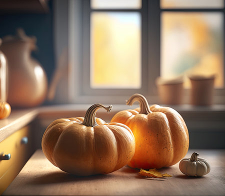 Ripe pumpkins on the table in a kitchen, Generative AIの素材