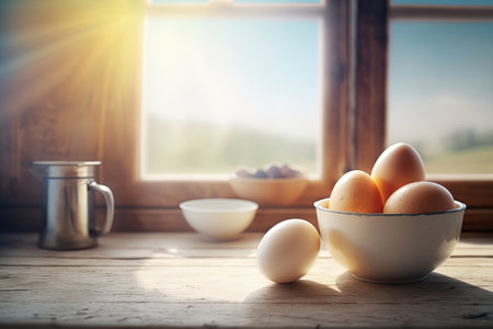 Eggs in a bowl standing on wooden table near the window, Generative AIの素材