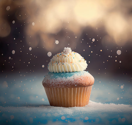 Cupcake, Winter Background with Snow, Generative AIの素材