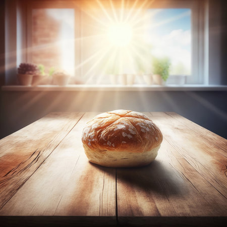 Loaf of bread on wooden table near in the window, Generative AIの素材