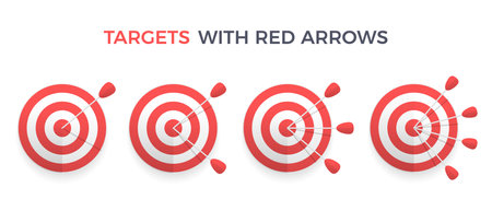 Red targets with one, two three and four arrows on white background, vector eps10 illustrationのイラスト素材