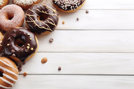 Various donuts on white wooden table, top view, Generative AIの素材