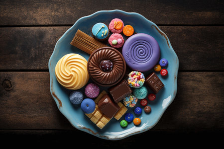 Plate with various sweets on wooden table, top view, Generative AIの素材