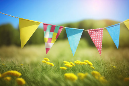 Bunting flags on summer lawn, Generative AIの素材
