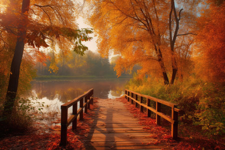 Autumn, wooden dock near the lake, Generative AIの素材