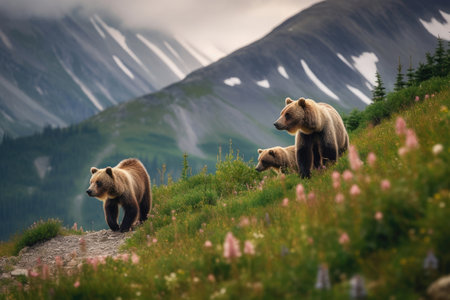 Brown bears walking in mountains, Generative AIの素材