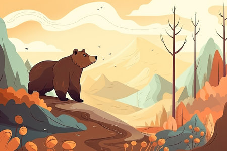 Brown bear in autumn forest, mountains on background, illustration, Generative AIの素材
