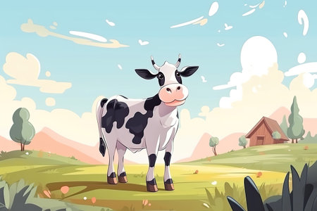 Illustration of a cow on a green meadow, Generative AIの素材