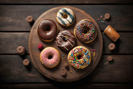 Various donuts on brown wooden table, top view, Generative AIの素材