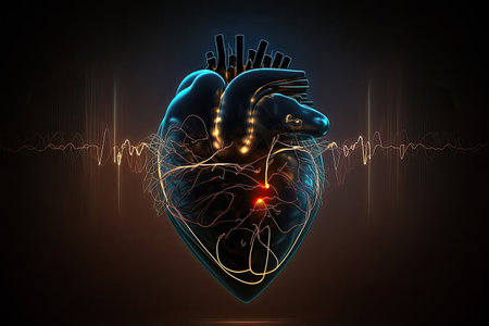 Pulse line going though the heart, dark background, Generative AIの素材