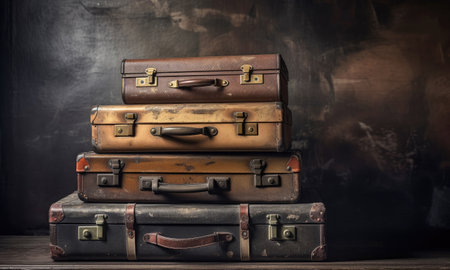 Stack of four closed old suitcases, front view, Generative AIの素材