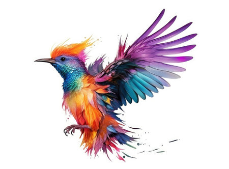 Fantastic bird with multicolored feathers, white background, Generative AIの素材