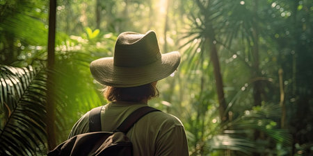 Back view of a woman wearing hat in jungles, Generative AIの素材