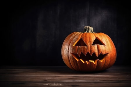 Halloween pumpkin on wooden table, dark background, Generative AIの素材