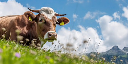 Close-up of a cow in a green summer meadow, Generative AIの素材