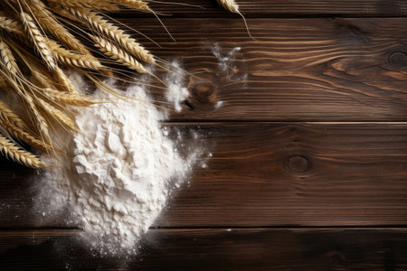 Wheat ears and flour on wooden table, top view, Generative AIの素材