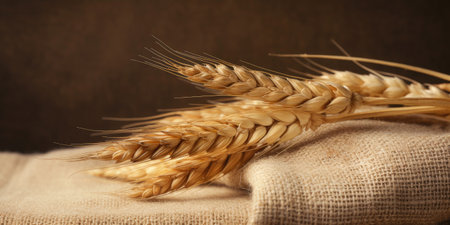 Close-up of wheat ears on burlap, Generative AIの素材