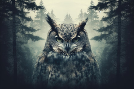Double exposure - close-up of an owl and forest, symbol of a wisdom, Generative AIの素材