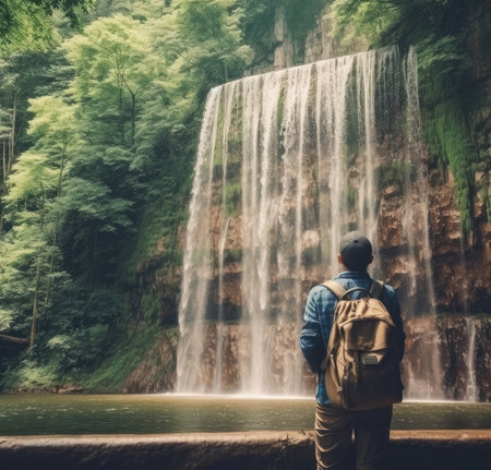 Back view of a man with backpack looking at huge waterfall, Generative AIの素材