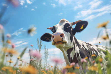 Close-up of a cow on green summer meadow with flowers, Generative AIの素材
