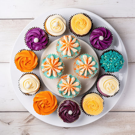 Top view of a plate with various cupcakes on wooden table, Generative AIの素材