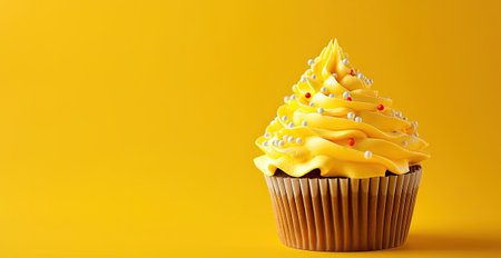 Cupcake on yellow background, front view, Generative AIの素材