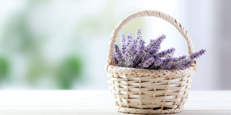 Basket with lavender on white wooden table, light background, Generative AIの素材