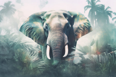 Close-up of an elephant and tropical forest, double exposure, Generative AIの素材