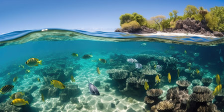 Underwater view of coral reef with various fishes, Generative AIの素材