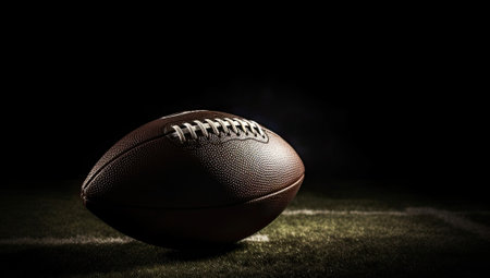 Close-up of amrican football ball on the field in darkness, Generative AIの素材