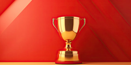 Golden cup on red background, front view, Generative AIの素材