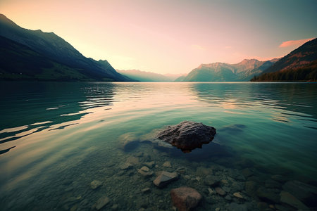 Beautiful scenery of calm waters of the lake in mountains on sunrise, Generative AIの素材