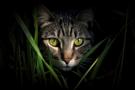 Close-up of a cat in grass at night, Generative AIの素材