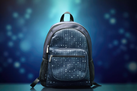 School backpack on the table, abstract blue blurred background, Generative AIの素材