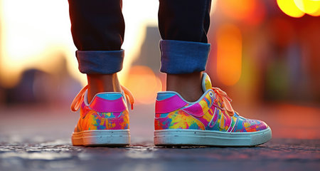 Legs in bright sneakers, urban scene, back view, Generative AIの素材