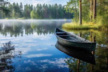 Wooden boat on the lake surrounded by a summer forest, Generative AIの素材
