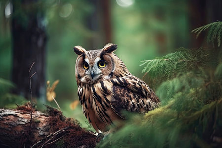 Close-up of an owl sitting in a forest, Generative AIの素材