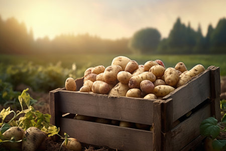 Potatoes in wooden crate on the garden bed, Generative AIの素材