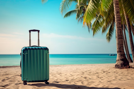 Suitcase on sand tropical beach with the sea and palms on background, Generative AIの素材