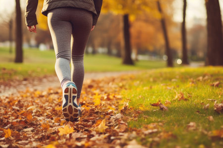 Back view of a woman running in autumn park, sport lifestyle, Generative AIの素材