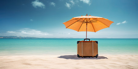 Retro suitcase on sand tropical beach under umbrella with calm blue ocean on background, vacation concept, Generative AIの素材