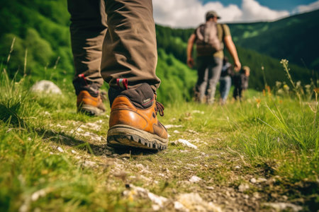 Back view of a group of a tourists hiking in a summer mountains, Generative AIの素材