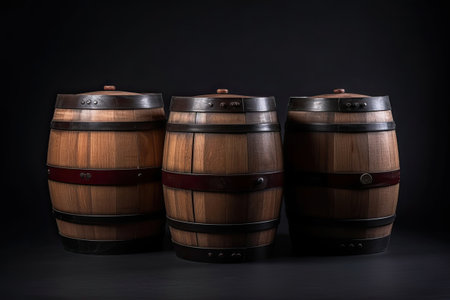 Three wooden barrels, front view, Generative AIの素材